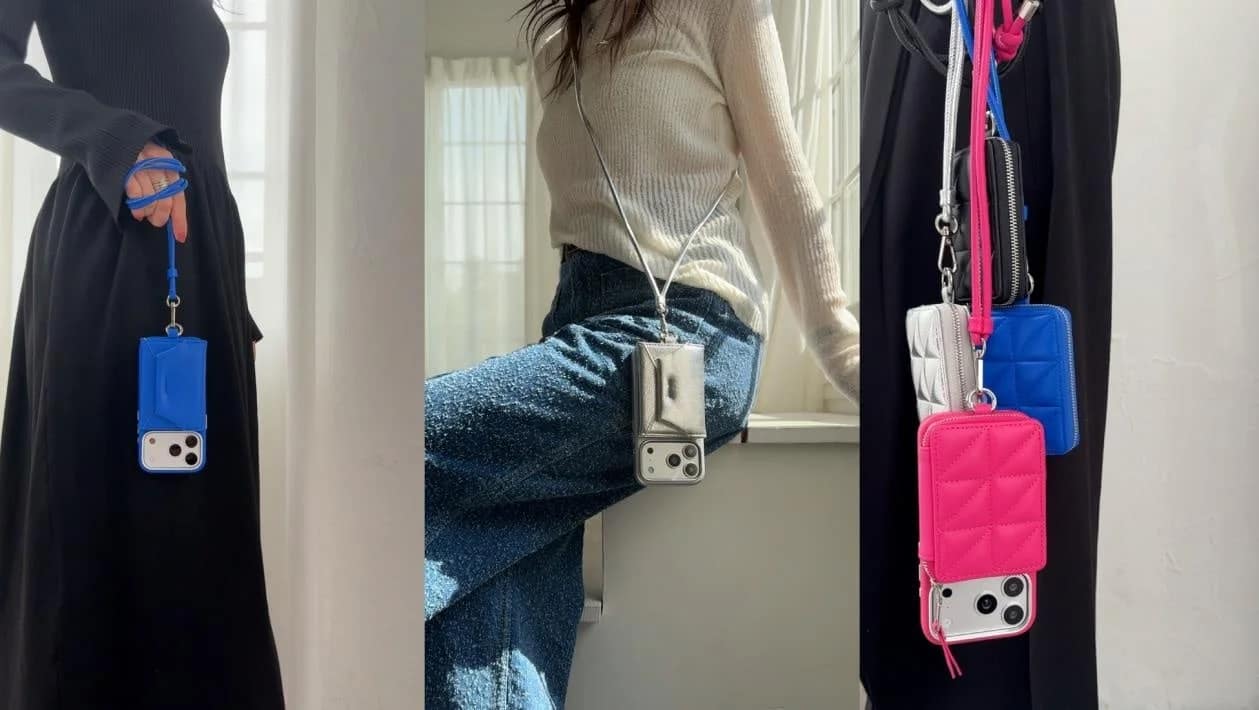 ブルー、シルバー、ピンクのウォレットショルダーケース