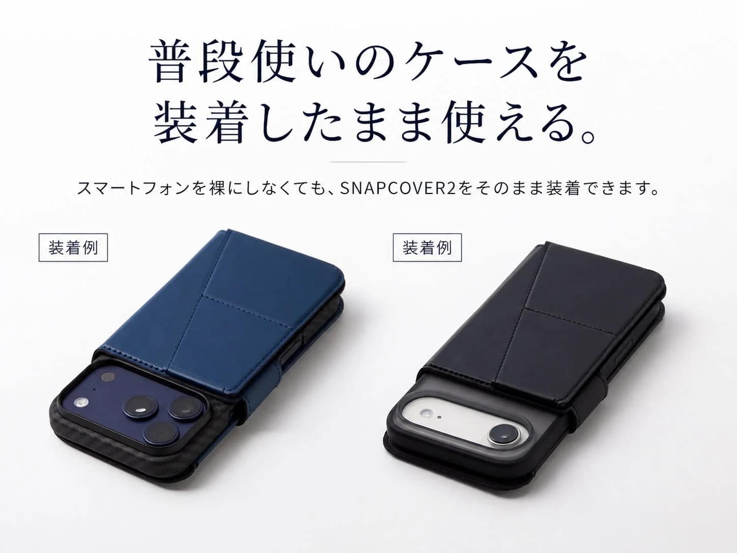 普段使いのケースを装着したまま使える。スマートフォンを裸にしなくても、SNAPCOVER2をそのまま装着できます。装着例装着例