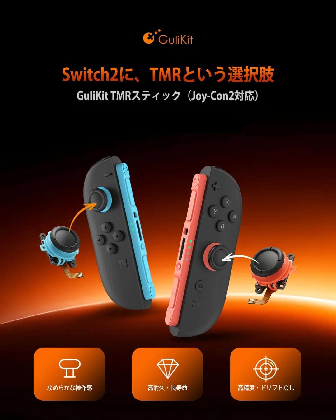 GuliKitが提供するSwitch2およびJoy-Con2対応のTMRスティックを紹介する画像です。なめらかな操作感、高耐久・長寿命、高精度でドリフトがないといった特徴が強調されています。