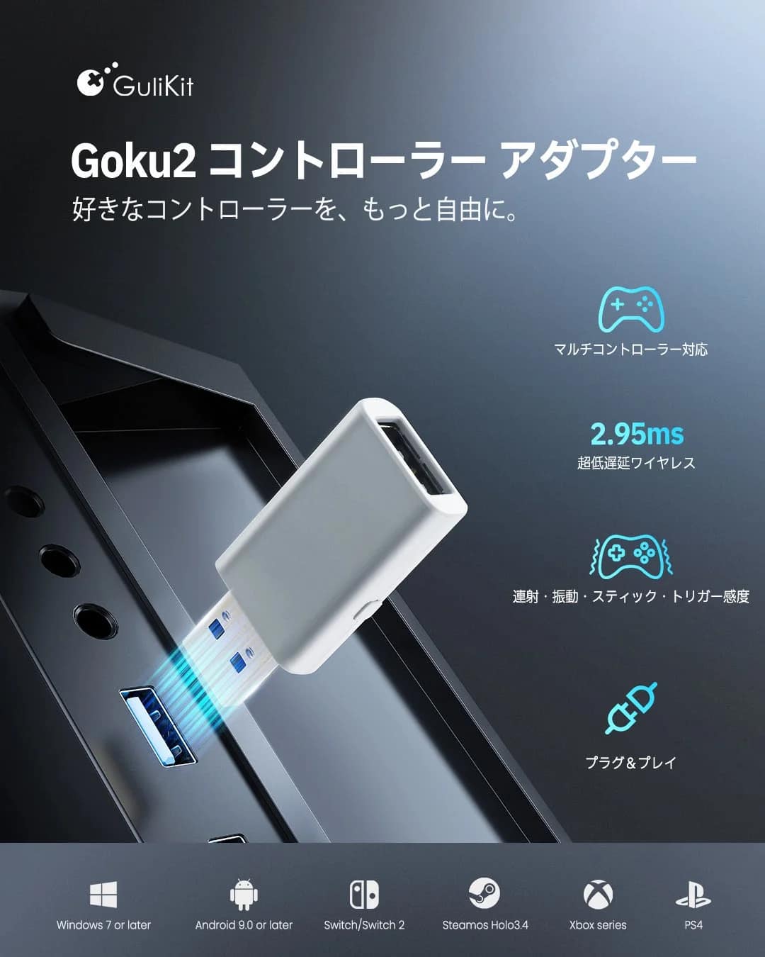 GuliKitのGoku2コントローラーアダプターを紹介する画像です。このアダプターは、好きなコントローラーを様々なプラットフォームで自由に使えるようにし、2.95msの超低遅延ワイヤレス接続、マルチコントローラー対応、連射・振動・スティック・トリガー感度調整、プラグ&プレイ機能を特徴としています。Windows、Android、Switch、SteamOS、Xbox、PS4に対応します。