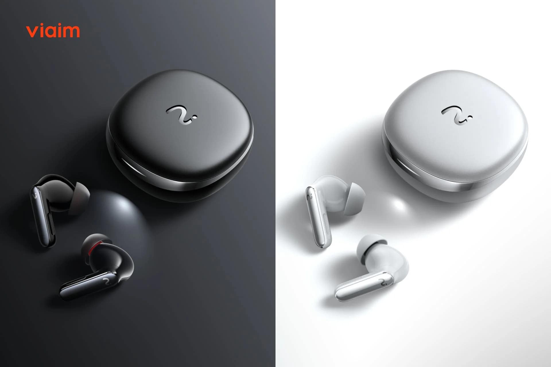 ワイヤレスイヤホンとその充電ケースを黒と白の2色で紹介する画像です。スタイリッシュなデザインの製品が、ミニマルな背景に配置されています。