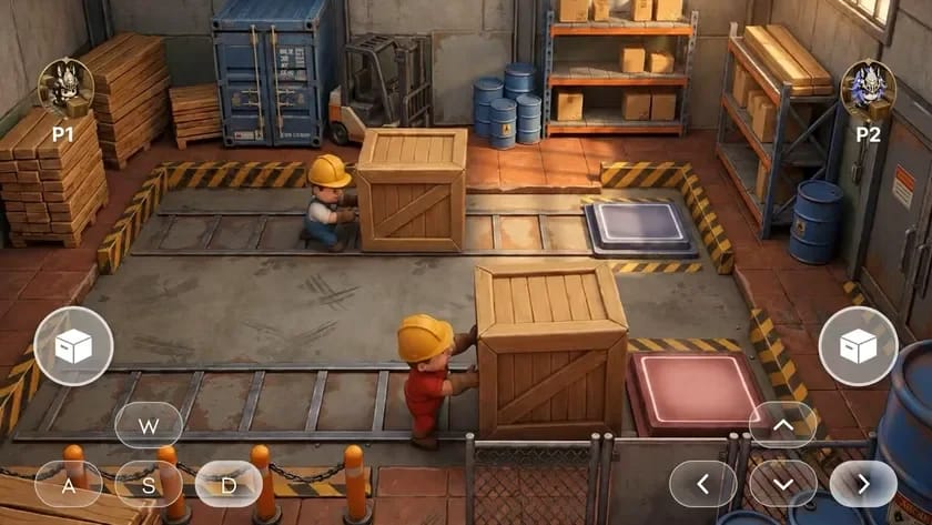倉庫風の協力パズルゲーム画面
