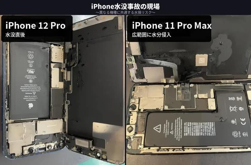 iPhone水没事故の現場 ~異なる機種に共通する水損リスク~ iPhone 12 Pro 水没直後 iPhone 11 Pro Max 広範囲に水分侵入 Apple Li-ion Rechargeable Li-ion Battery WARNING (バッテリーのモデル番号や容量などの詳細情報)