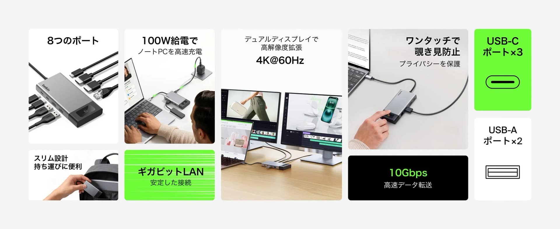 Belkin Connect 8ポート デュアルディスプレイ対応 USB-C ハブ
