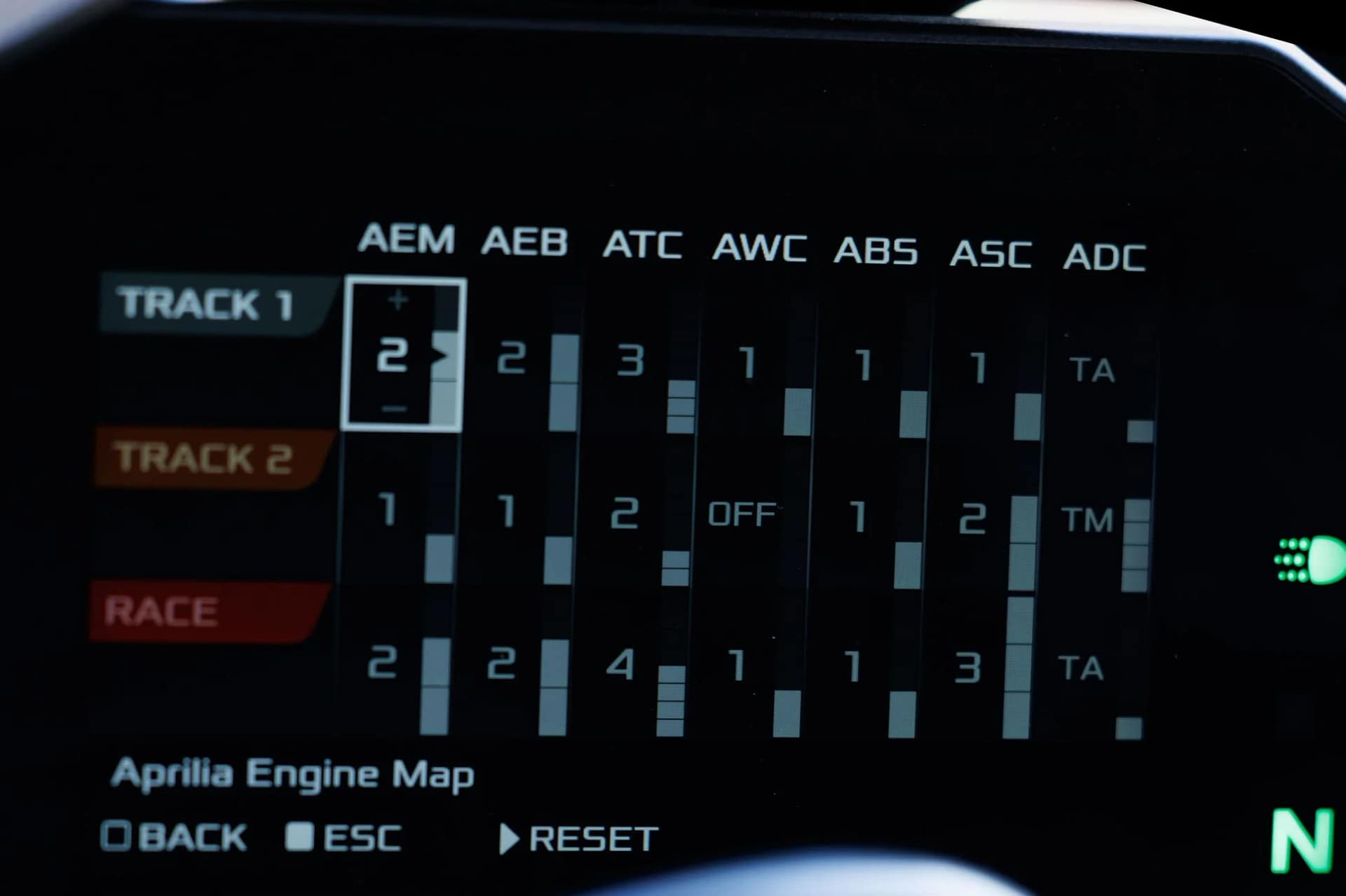 アプリリア RSV4 Factory 電子制御設定画面