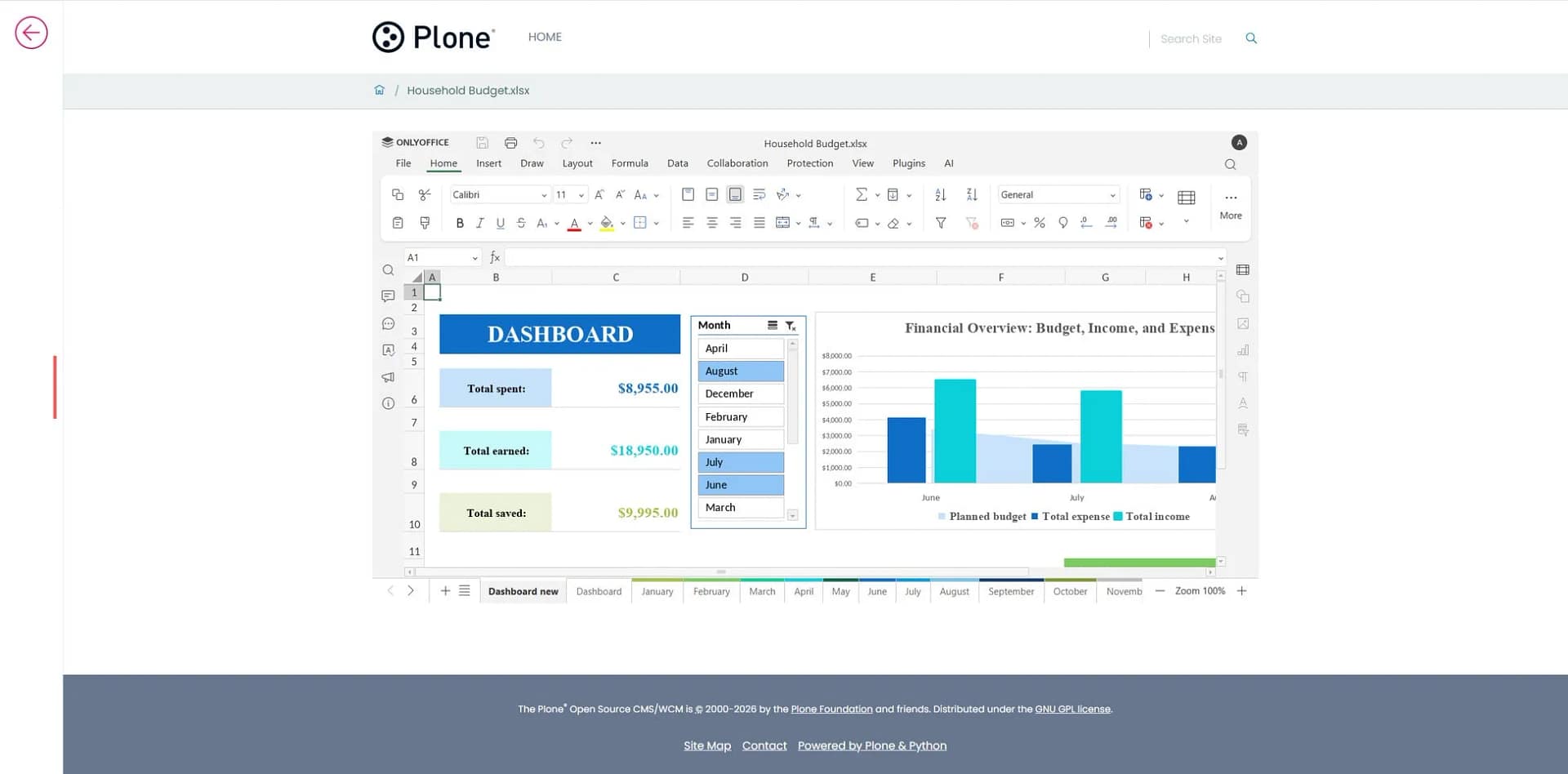 スプレッドシート,ONLYOFFICE,予算管理,家計簿,財務概要,データ分析,グラフ,ダッシュボード,Plone,ソフトウェア,オフィススイート,表計算,収支,支出,収入,貯蓄,Excelファイル
