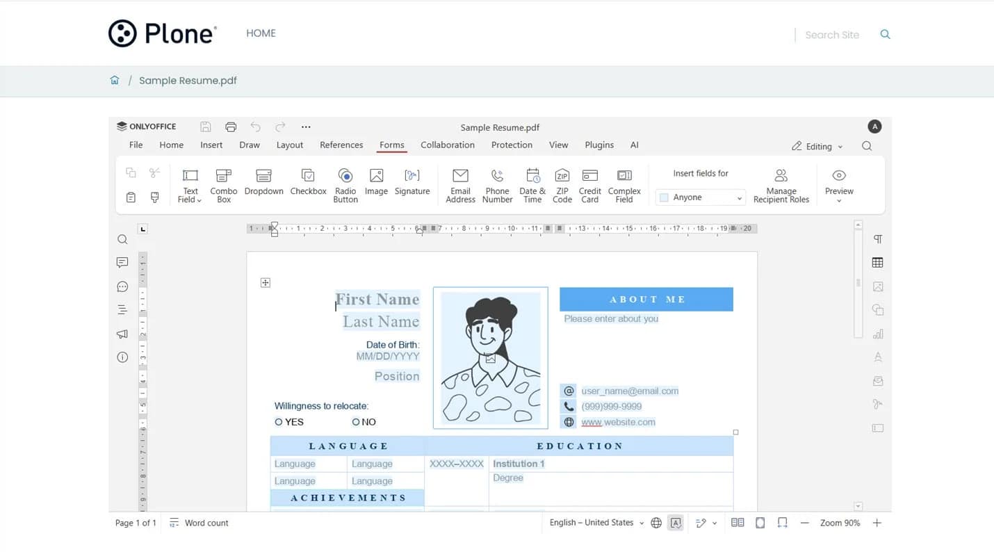 ドキュメントエディタ,履歴書,フォーム,ONLYOFFICE,Plone,ユーザーインターフェース,デジタル文書,テンプレート,個人情報,学歴,言語スキル