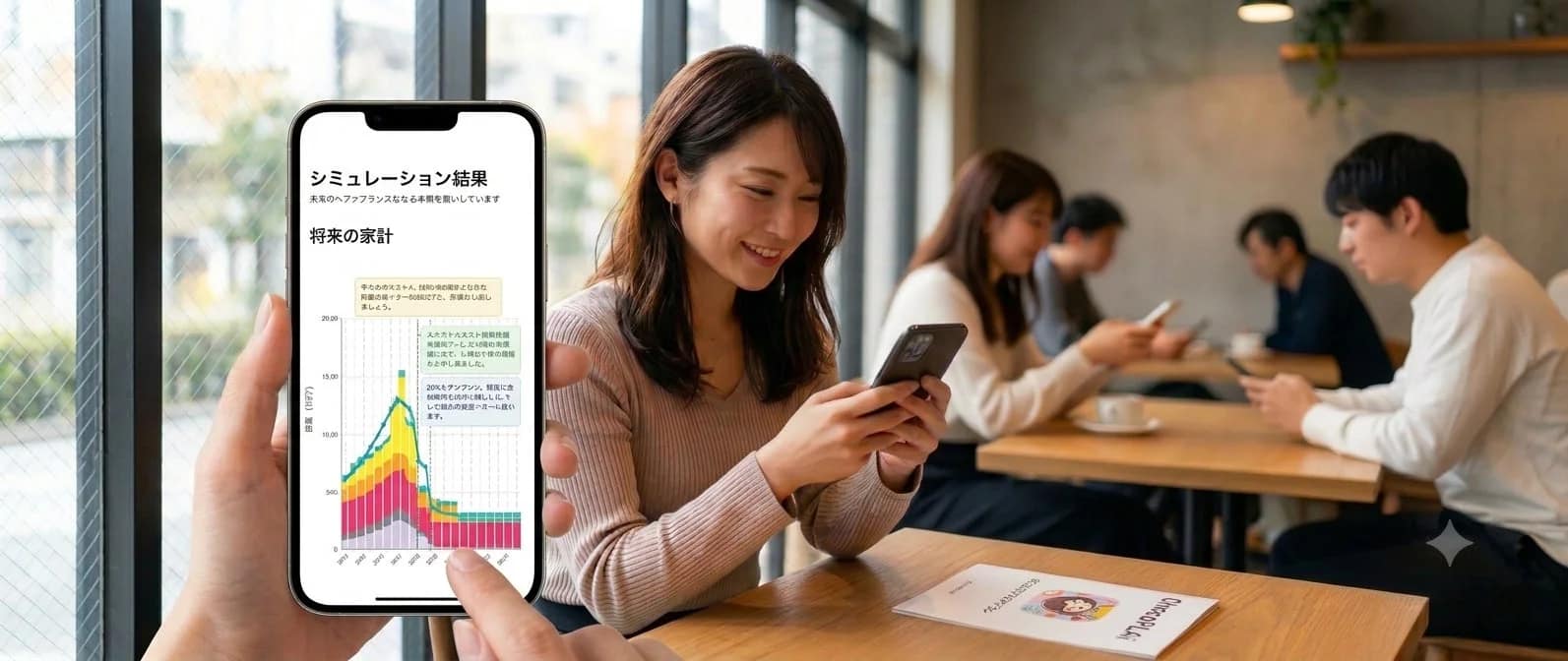 カフェでスマートフォンを操作する女性が映っており、スマホ画面には将来の家計シミュレーション結果のグラフが表示されています。別の手が画面を指し示しており、テーブルには将来設計のパンフレットが見えます。金融やライフプランニングに関心を持つ若者たちの様子を捉えた画像です。