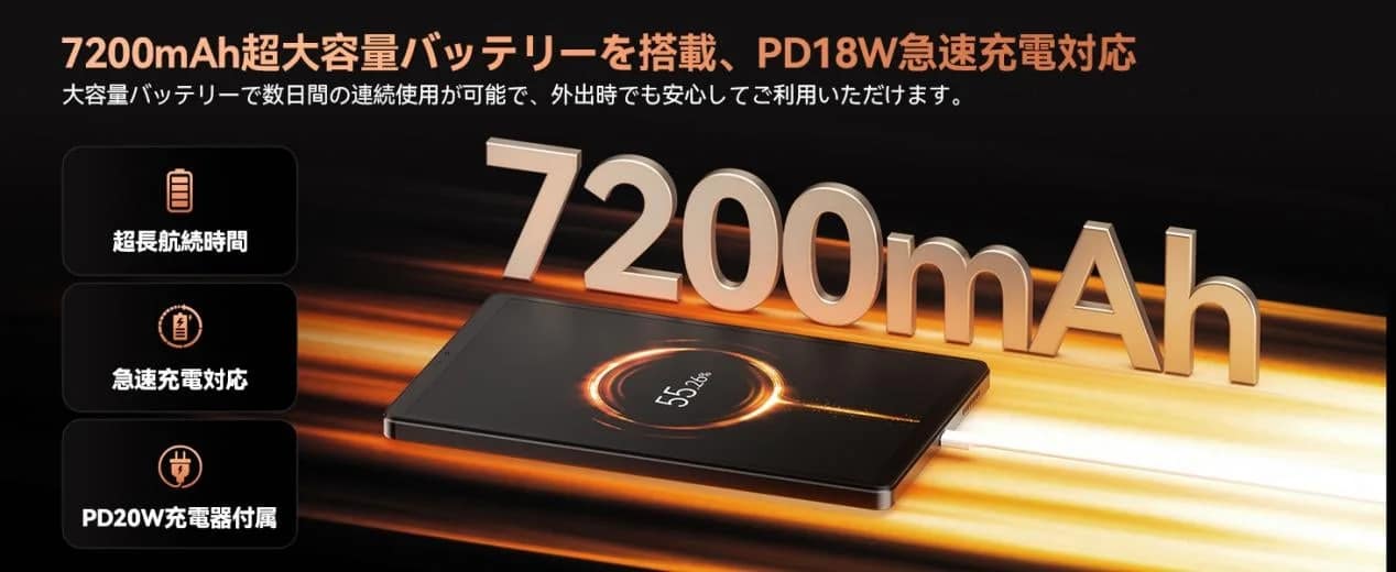 7200mAh超大容量バッテリー
