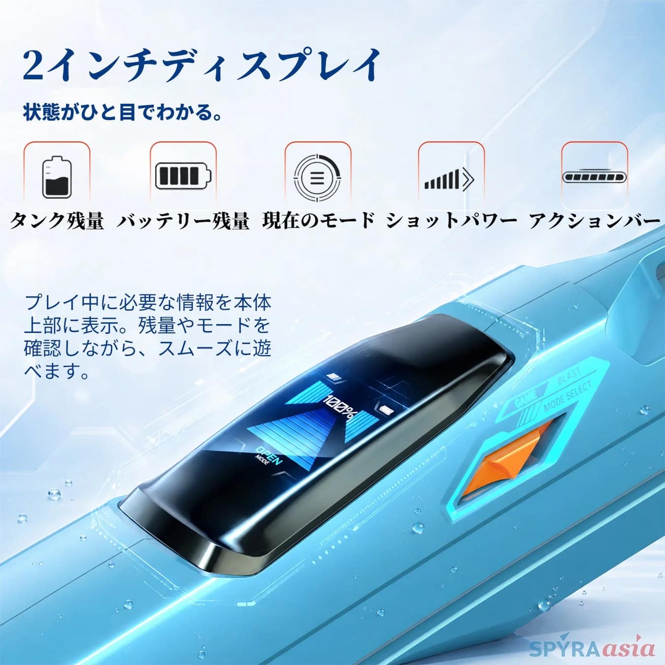 2インチディスプレイを搭載した青いデバイス（水鉄砲と推測される）を紹介する画像