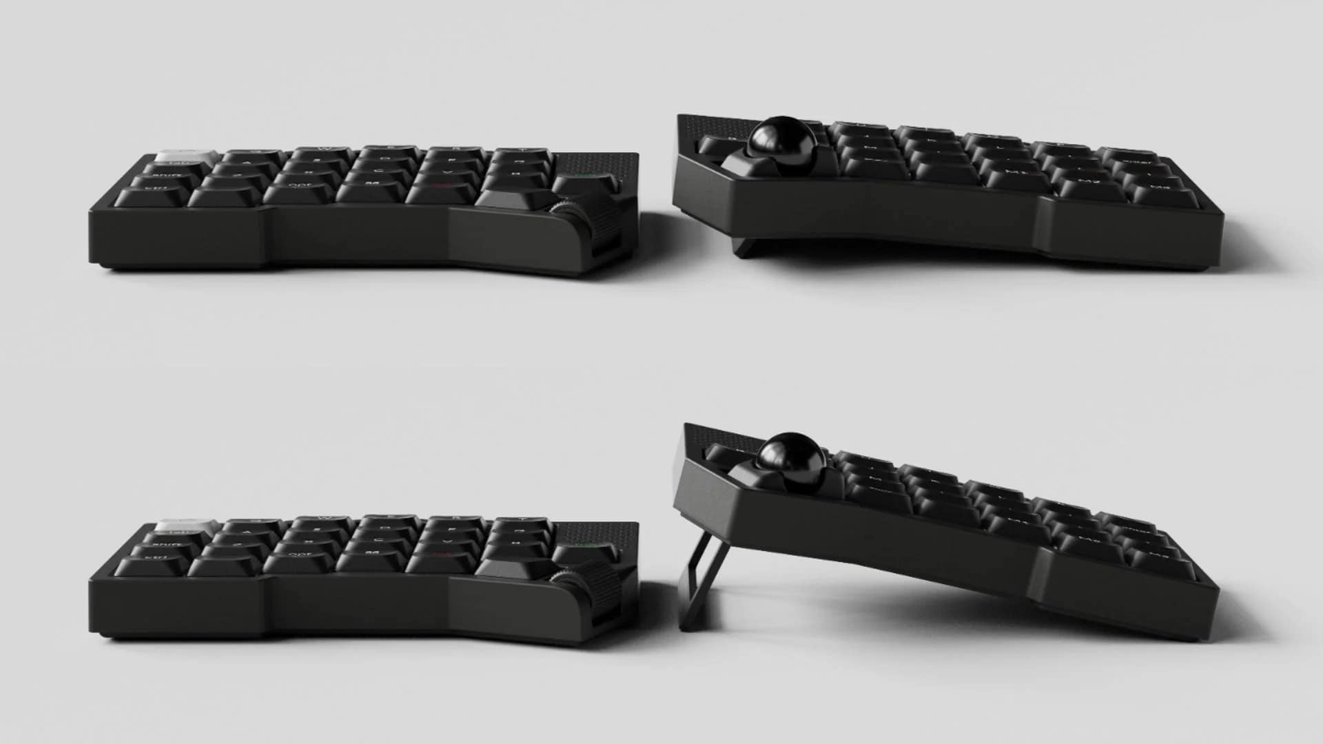 黒いメカニカルキーボードの多角的なレンダリング画像です。