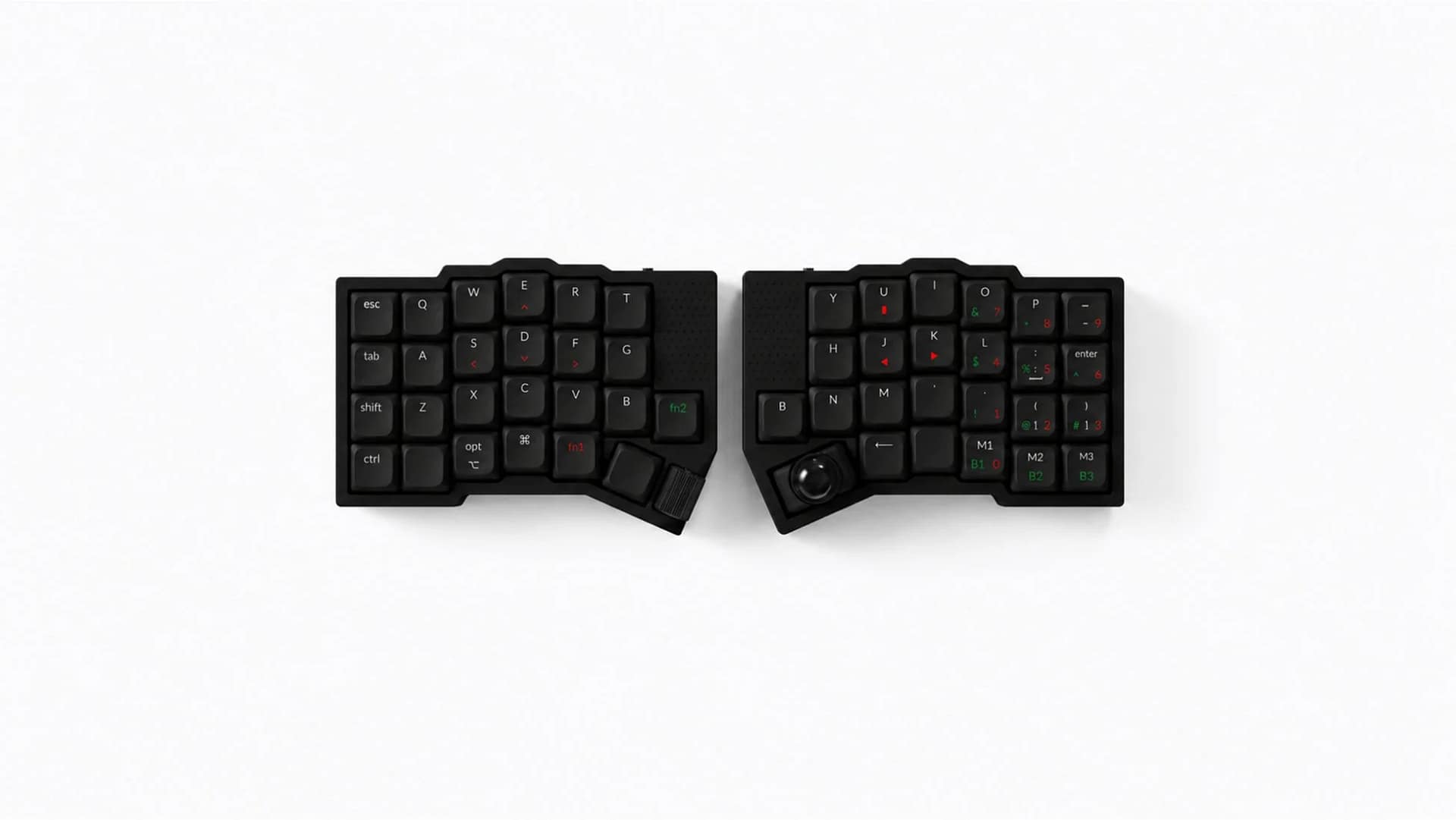 白い背景に置かれた黒いセパレート型エルゴノミクスキーボードです。