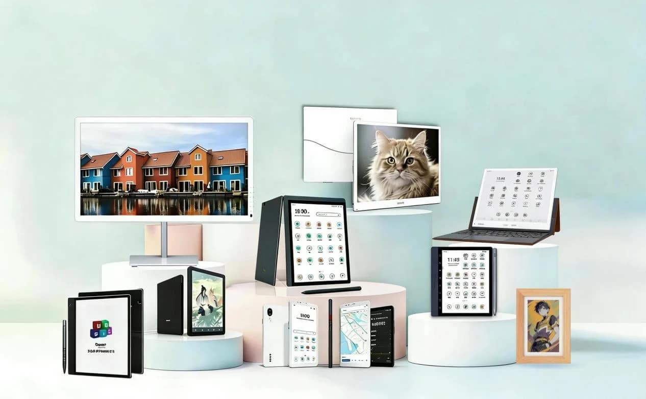 複数のモニター、タブレット、スマートフォン、Eリーダーといった電子機器が白い台座に展示されています。各デバイスの画面には、カラフルな家、猫、アプリのアイコン、地図などが表示されており、多様なデジタル製品を紹介するイメージです。
