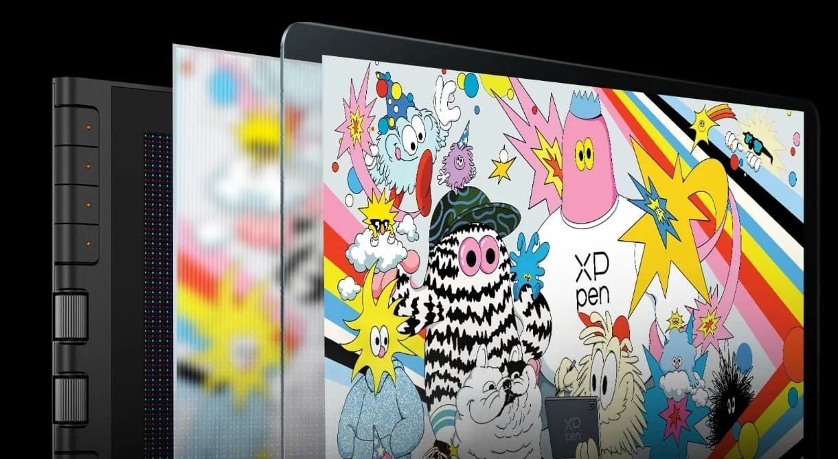 タブレットに描かれたイラストとボタン