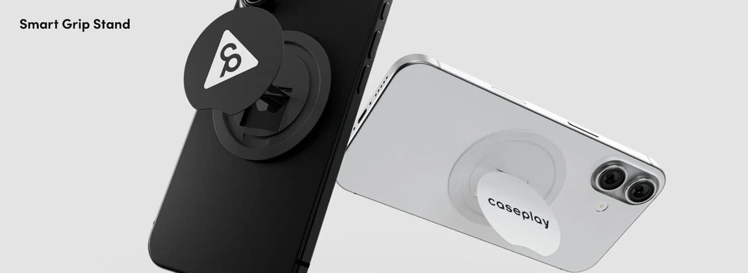ブラックとホワイトのスマートフォンが背面から写されており、それぞれに磁気吸着式のグリップスタンドが取り付けられています。