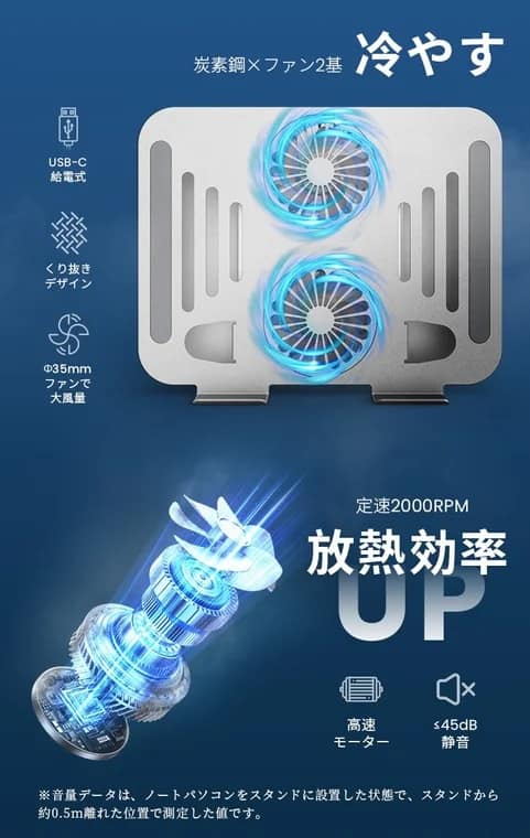炭素鋼製で2基の冷却ファンを搭載したUSB-C給電式ノートパソコンスタンドの広告。くり抜きデザインと定速2000RPMの高速モーターで放熱効率を高め、45dB以下の静音性を実現します。