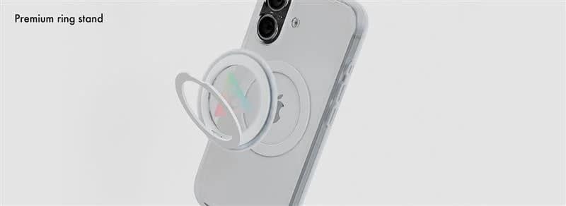 白いスマートフォンに装着されたMagSafe対応のリングスタンドが写っています。