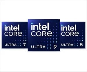 インテルの新しいプロセッサーブランドである「Intel Core Ultra」のロゴが3つ並んでいます。Ultra 7、Ultra 9、Ultra 5の各モデルが示されており、それぞれ紺色の背景に白い文字とドットのデザインが特徴です。